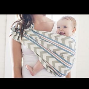 Hotslings sling & Boppy teething scarf. Multicolor sling & grey/black scarf.